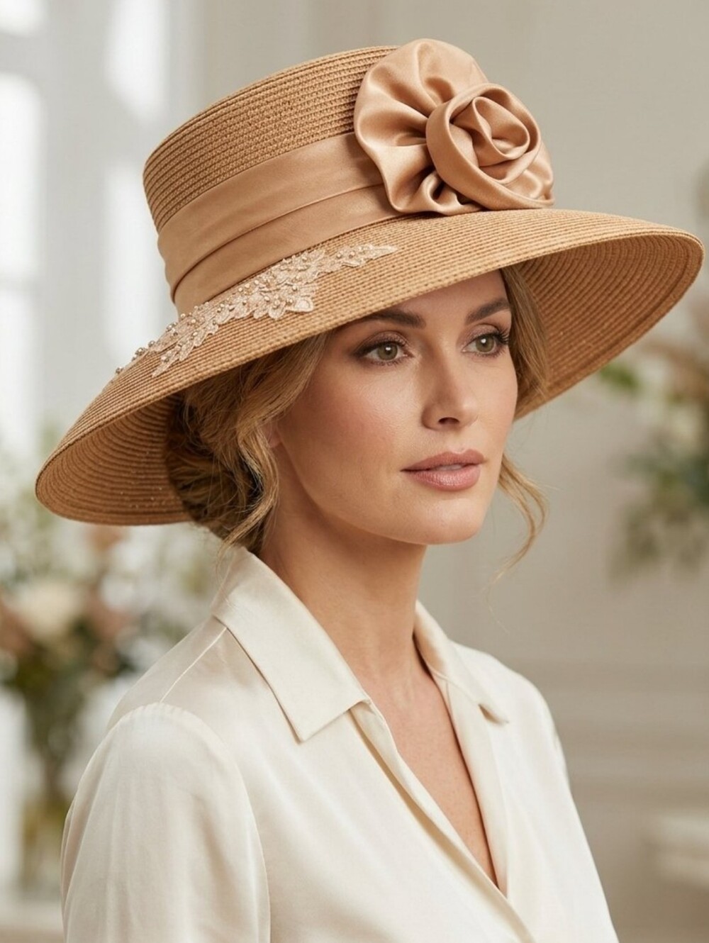 Faith Women's Wide-Brim Floral Accent Hat in Tan